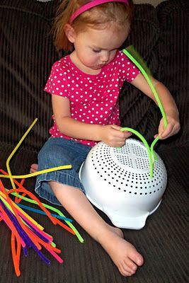 Got a bored toddler? Give them a colander and some pipe cleaners…should keep t