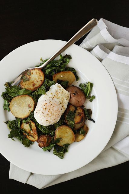 healthy vegetarian breakfast: kale, potatoes, and eggs. Yum