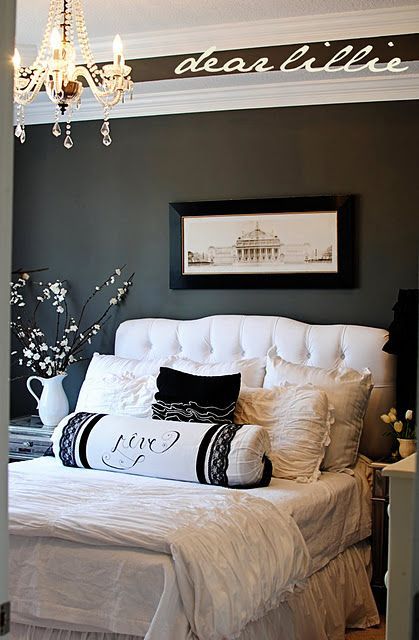 i love the contrast between the dark grey walls and the white bedding!! I would