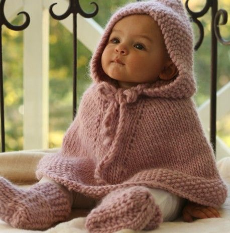 knitted baby poncho with hood and booties to match — So cute!!! @Ann Flanigan S