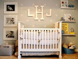 Like the large black and white photos on the side of the crib. Also love the lar