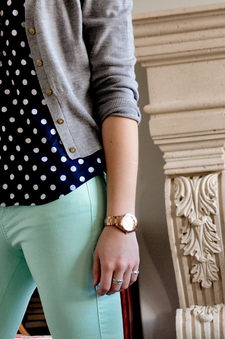 mint skinny jeans and polka dots and cardigan – all my favorites
