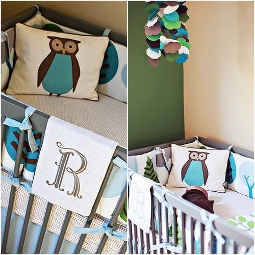mod owl nursery – I love the warm neutral, the pop of color on one wall, and it
