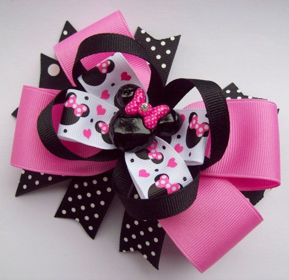 Pink And Black Minnie Mouse Head Hair Bow by JustinesBoutiqueBows