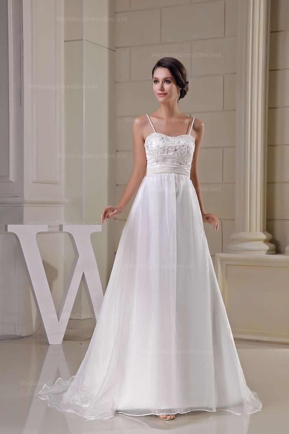 Pretty fine beaded lace top empire waist flowing organza wedding dress
