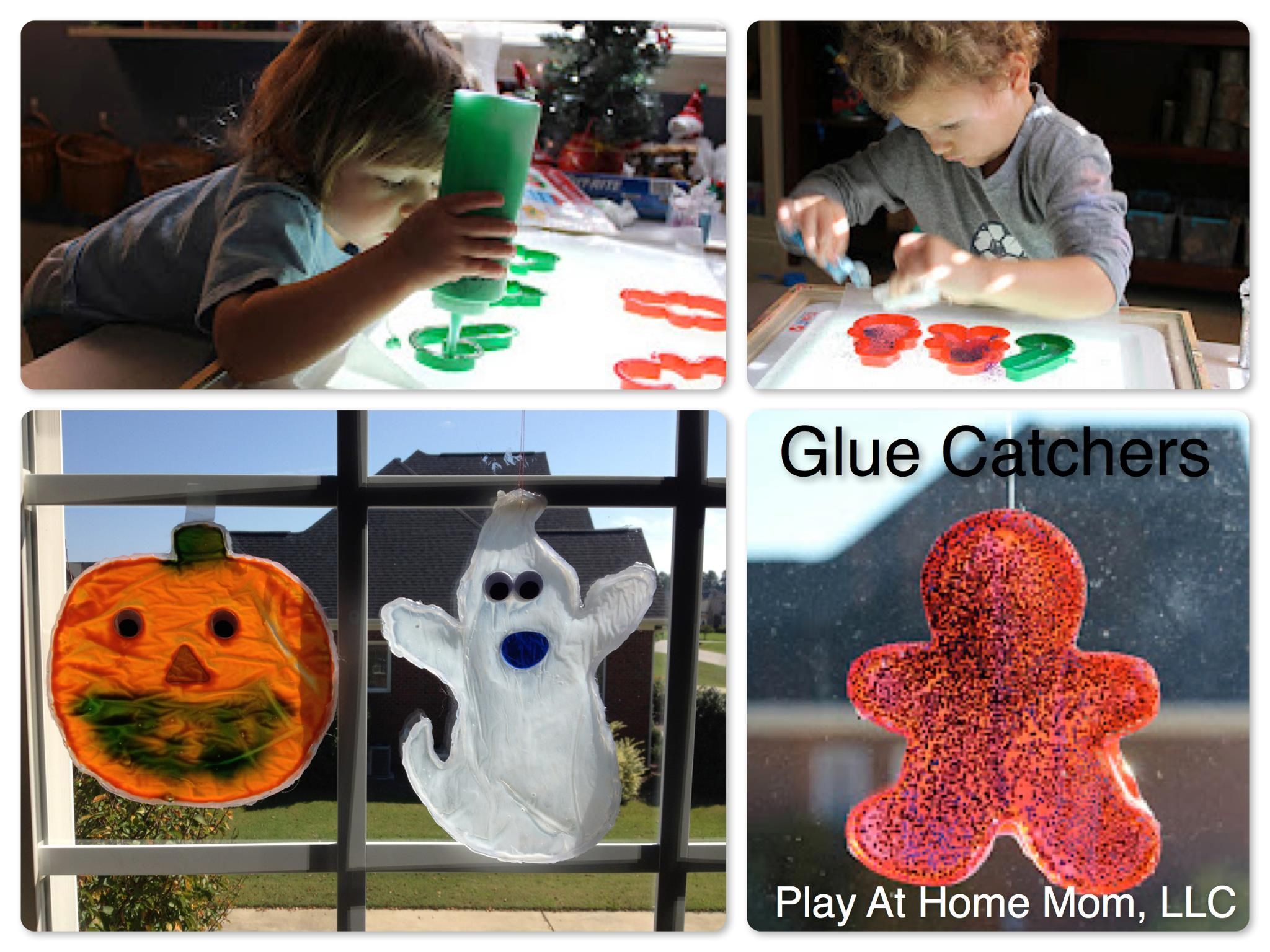 Pumpkin and ghost crafts for kids.  Glued sun catchers!
