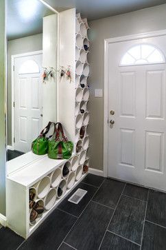 PVC pipe repurposed into shoe organization.  Easy to wipe clean as opposed to tr