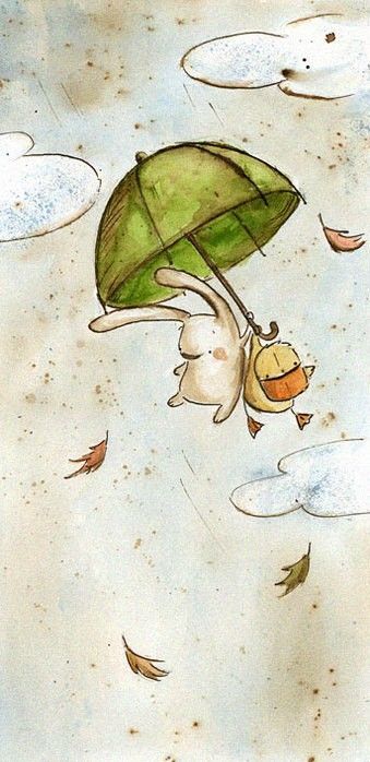 Rabbit and a Duck Flying Away Holding on to an Umbrella Illustration
