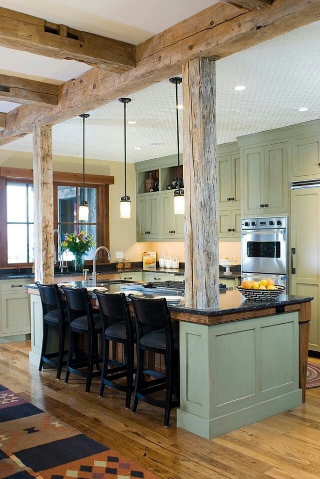Rustic kitchen – love the wood and the green cabinet   #creative #homedisign #in