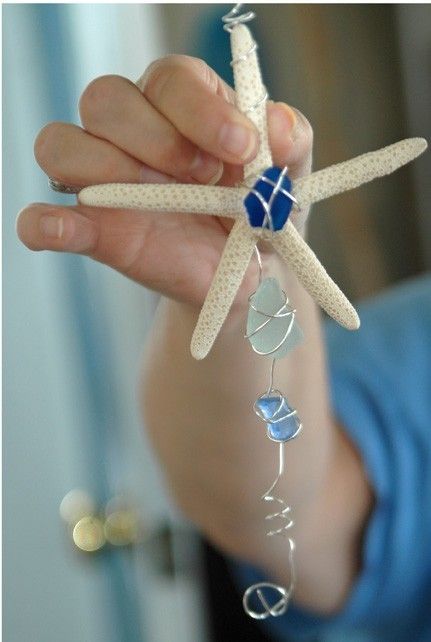 Starfish, craft wire and sea glass…..