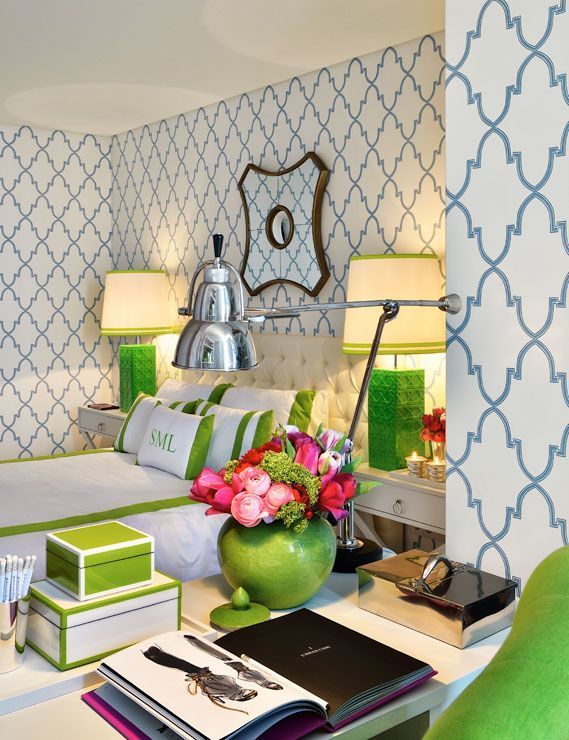 Thinking I want this wallpaper in green in kitchen??  Preppy Bedroom – blue and