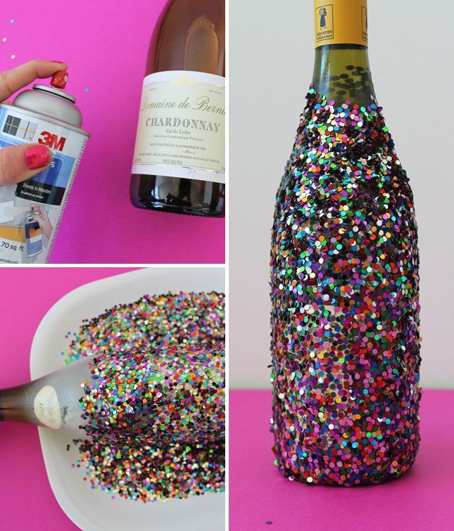 Use spray adhesive and roll the bottle  in your choice of confetti =)