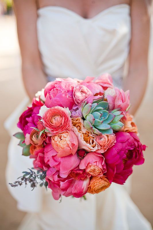 vibrant pink, peach and green bouquet