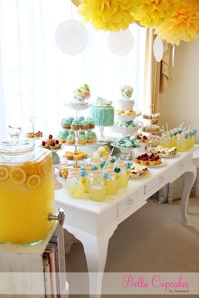 Wedding shower food table. This is adorable! Bright  cheery yellow  white with g