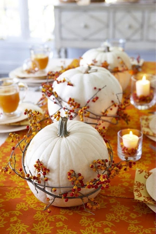white pumpkin centerpieces–great if your home decor doesnt go with orange (and