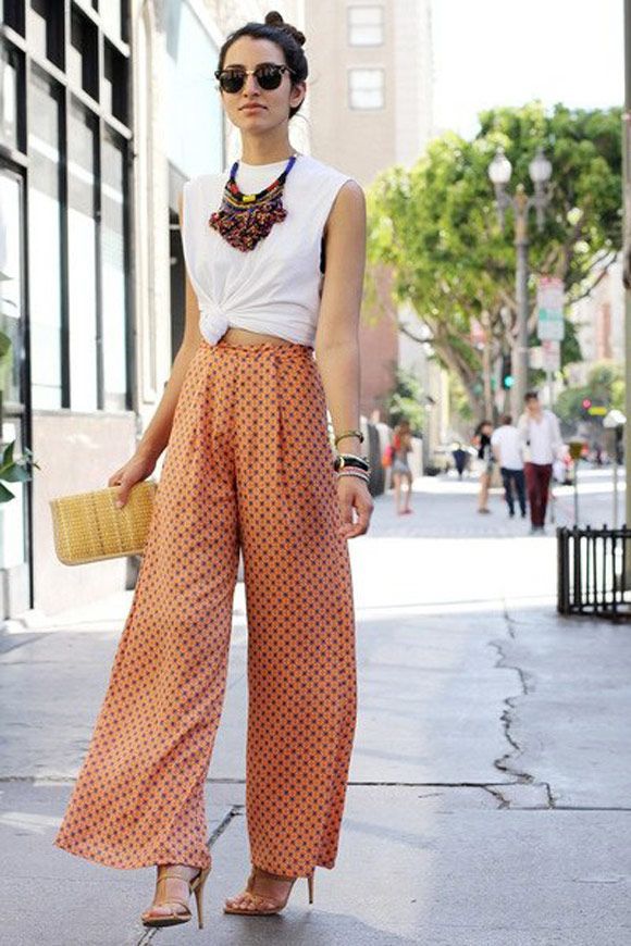 wide leg printed pants and statement necklace