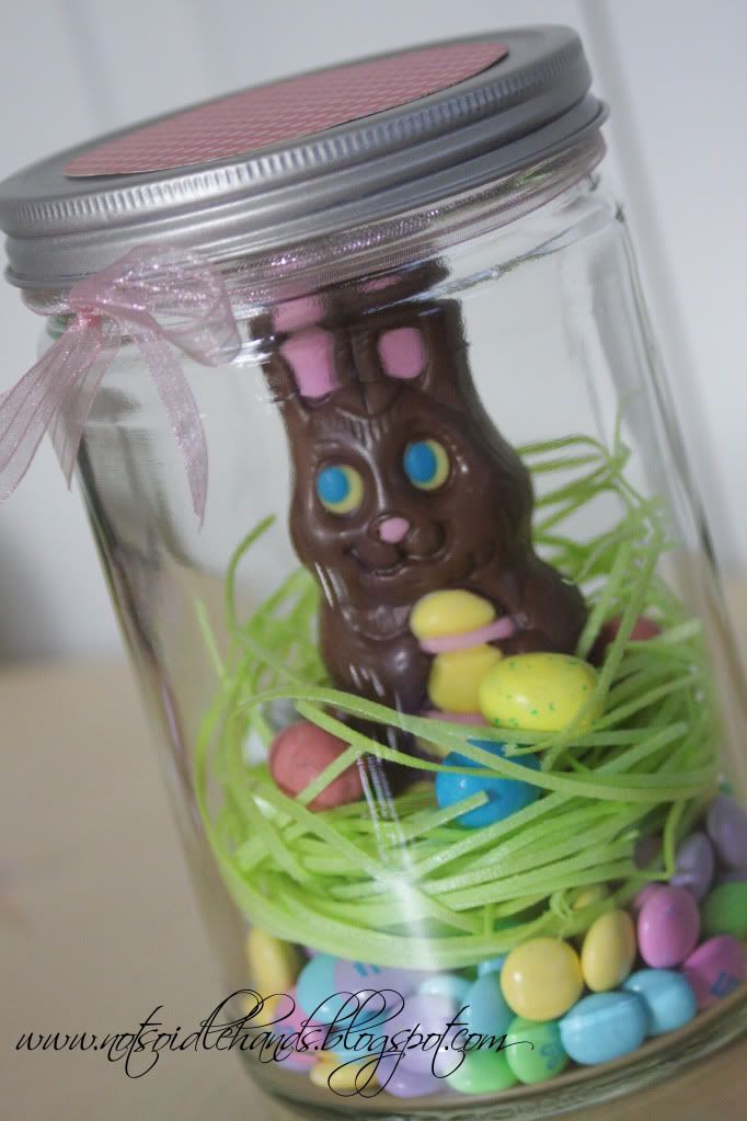 Adorable = Mason jar, chocolate bunny, easter grass (edible), m, and malt eggs.