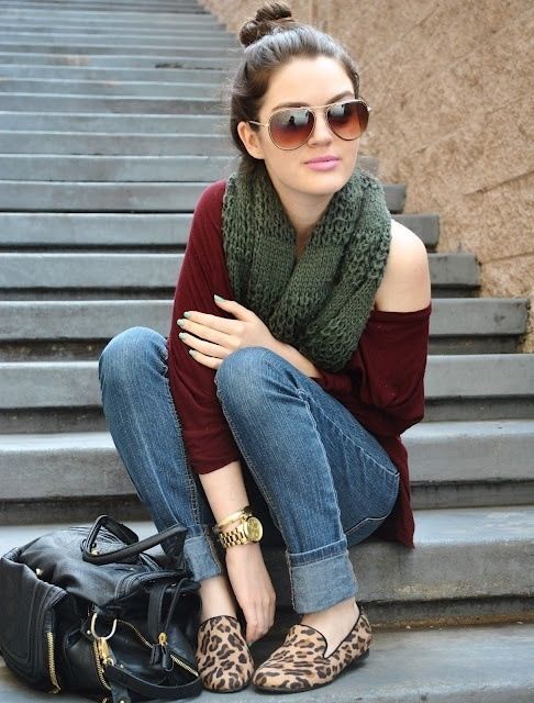 autumn fashion = aviators, olive green infinity scarf, off the shoulder burgundy