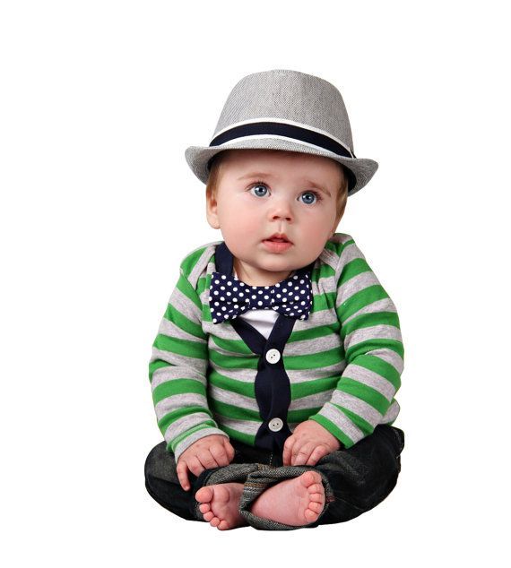 Cardigan and Bow Tie Onesie Set – Green with Navy Polka Dots – Trendy Baby Boy o