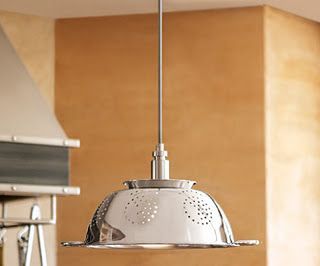diy light fixture with a colander and a pendant