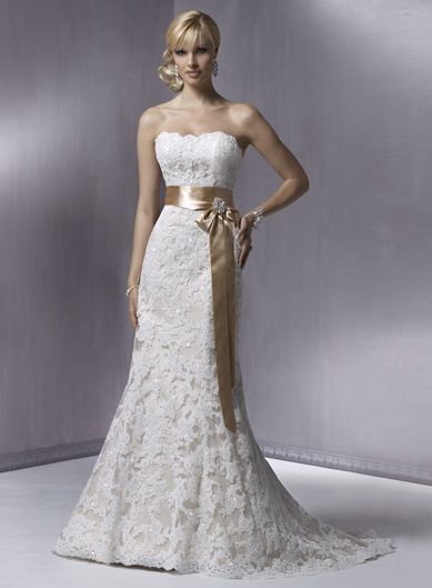 Fashionable Strapless Empire waist Lace over satin wedding dress
