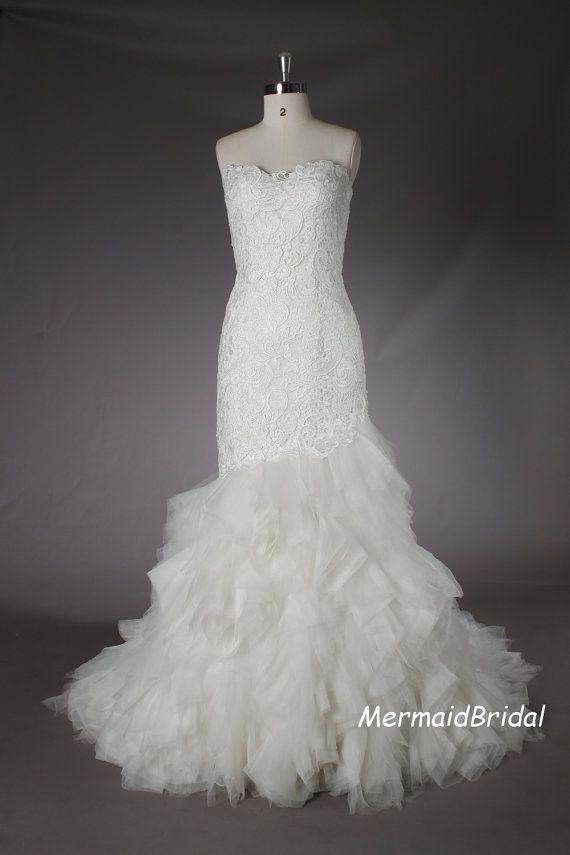 Fit and flare wedding dress Venice lace applique by MermaidBridal, $399.99