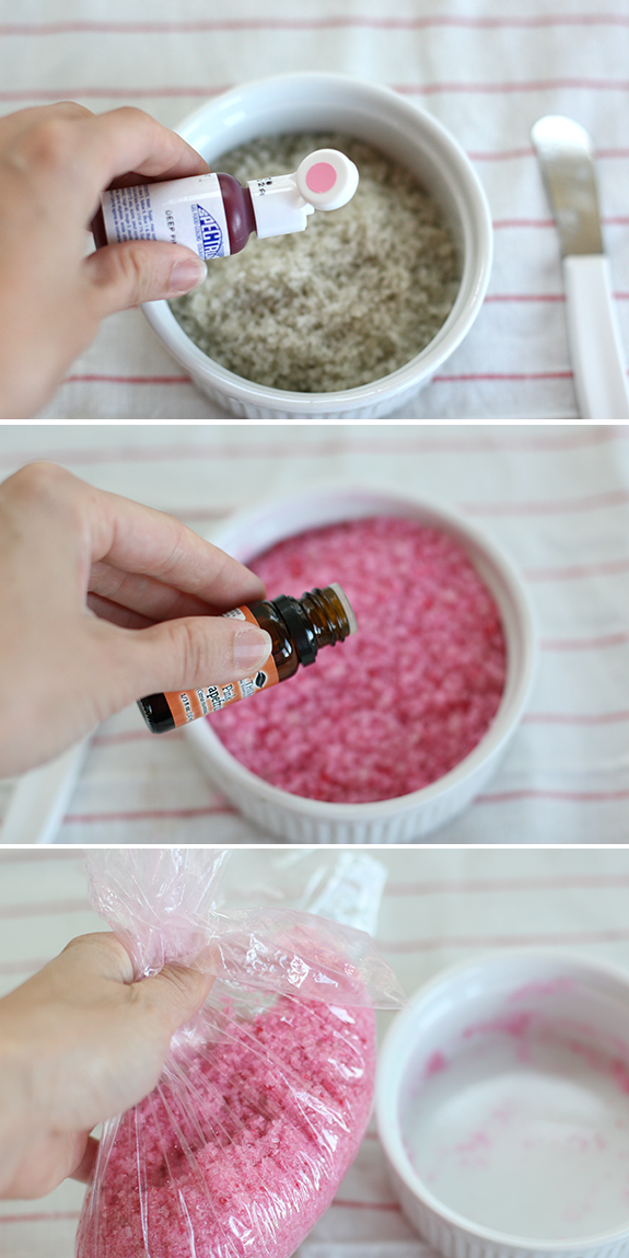 Homemade Body Scrub…In place of the food coloring you can use pureed fruit of