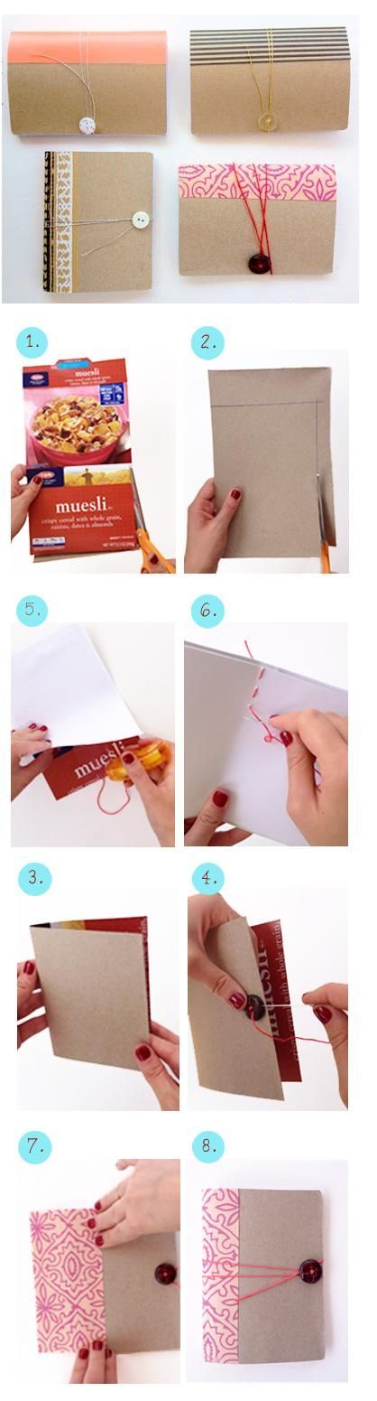 Make a mini notebook from a cereal box,  some paper, a button and a needle and t