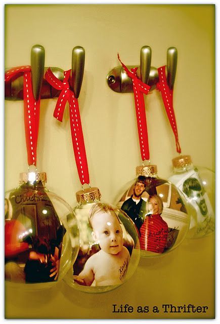 Picture Ornaments – For next year, print the photo, cut out the person, laminate