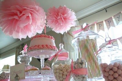 Pretty pink party decor. Love the candy and dessert table.