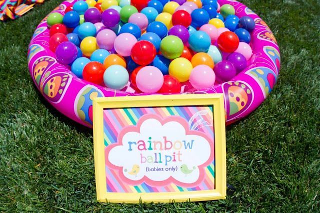 Rainbow baby ball pit at a 1st birthday party- total hit with the birthday girl.