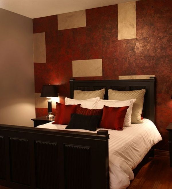 Red bedroom, maybe less busy on the accent wall