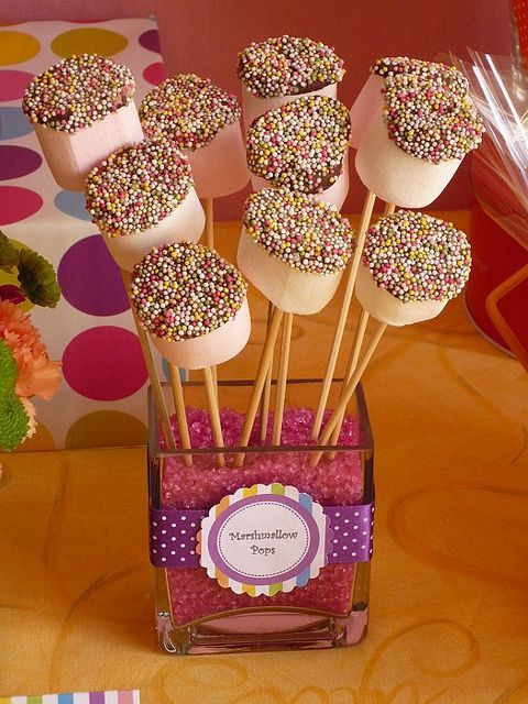 Sprinkle dipped marshmallows with a great display idea for a birthday party!