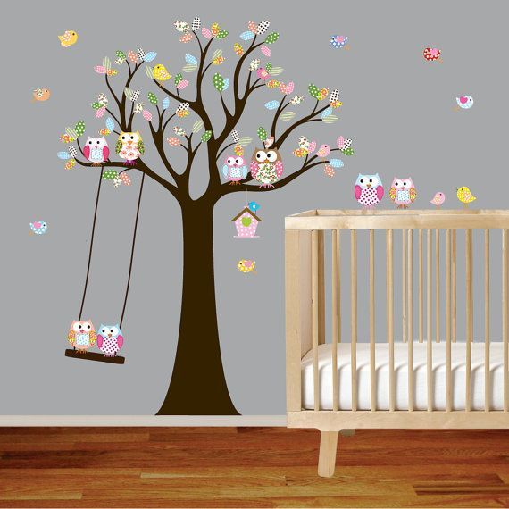 Vinyl Wall Decal Stickers Owl Tree with Swing Birds Nursery Girls Baby via Etsy
