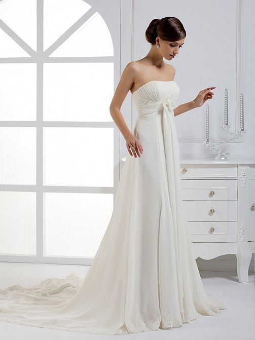 2012 Fall Strapless Chiffon over Satin bridal gown with Empire waist