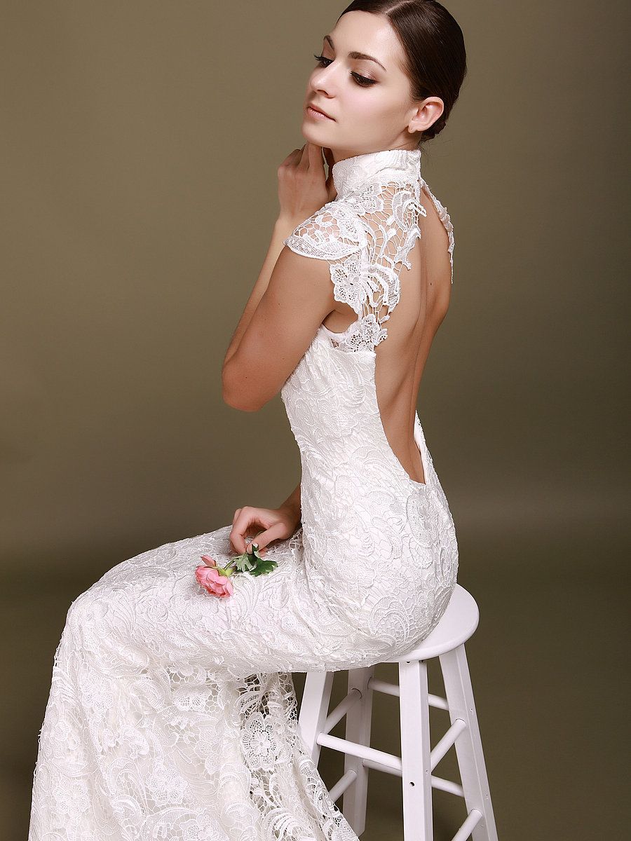 Backless Mermaid Wedding Dress with Lace Cap Sleeves