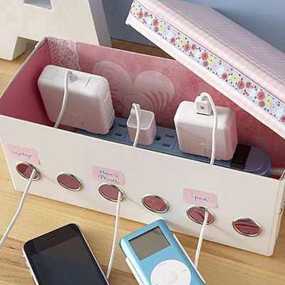 Charging station from a shoebox and power strip.