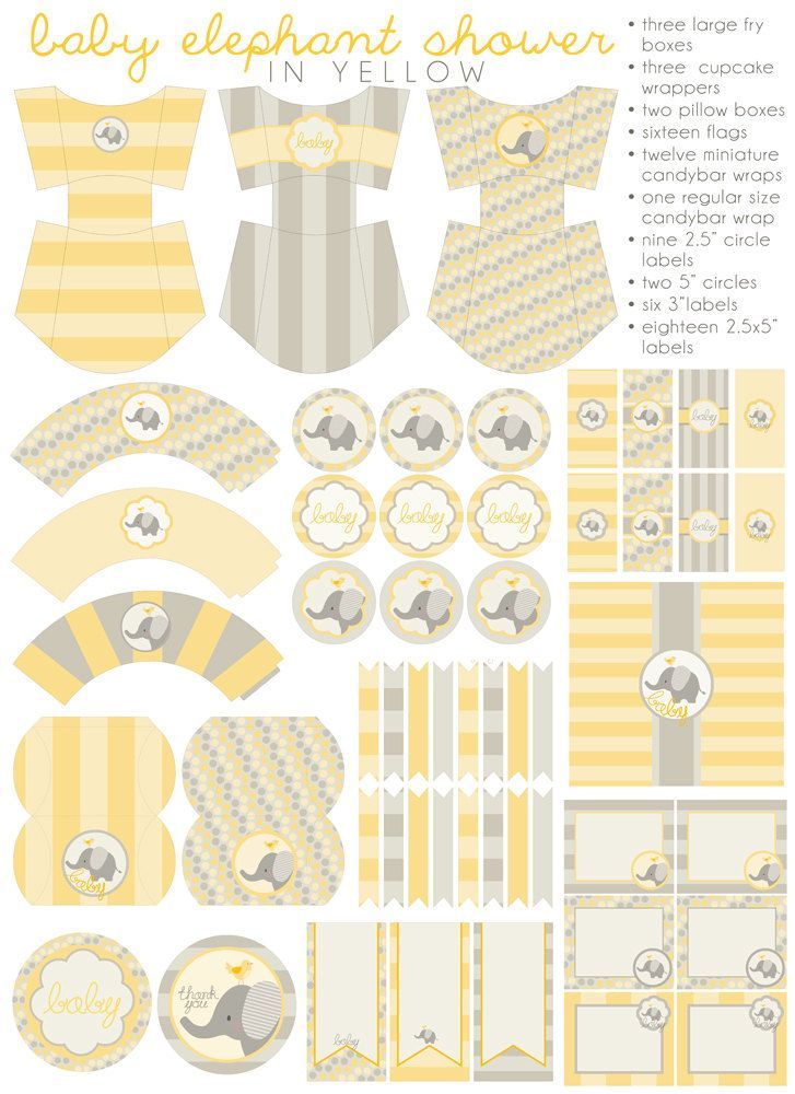 DIY PDF Printable Yellow Baby Shower, Party Package, Baby Elephant Shower, Girls