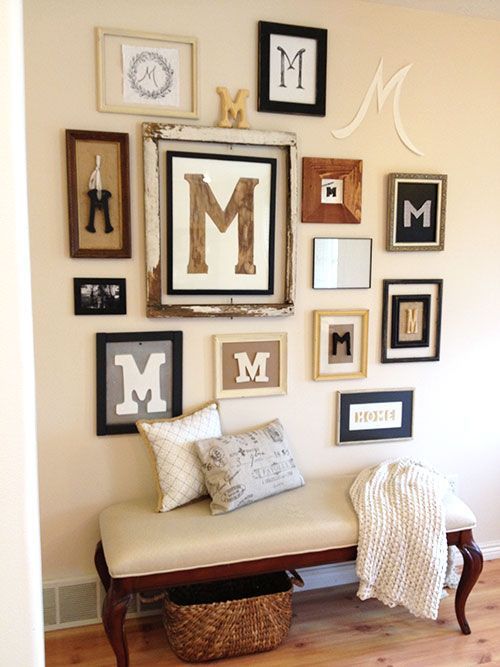 Gallery Wall using Letters  9th I love the “m” . So fitting for my family