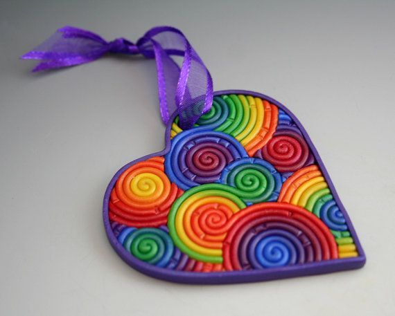 Heart Christmas Ornament in Rainbow Polymer Clay Filigree