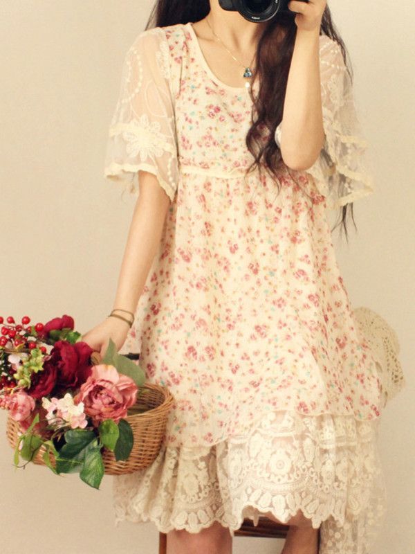Japanese Mori girl floral lace doll dress