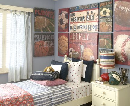 Love this old fashioned sports feel! In LOVE with this bedding! Also old signs a