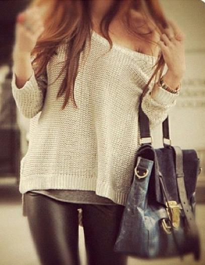 Sweater and leather. I love this look~Need to find faux leather pants that are n