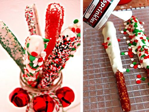 These Christmas-coated pretzels make an beautiful gift when arranged in a jar an