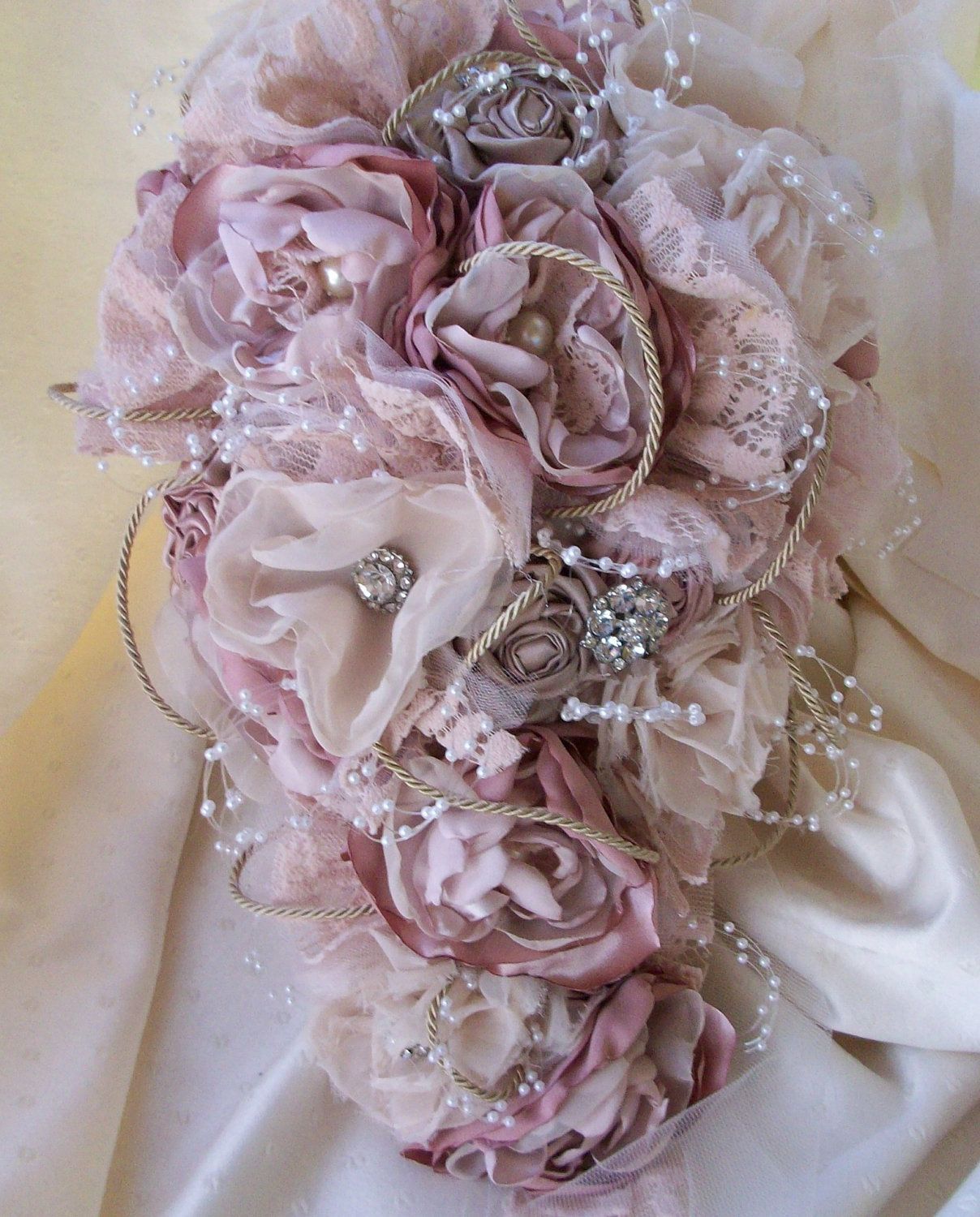 Vintage Inspired Shabby Chic Fabric Wedding Bouquet/ Bridal Bouquet with Pearls