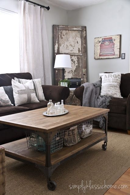 brown couches and industrial/vintage style.  wall color: Owl Grey by Benjamin Mo