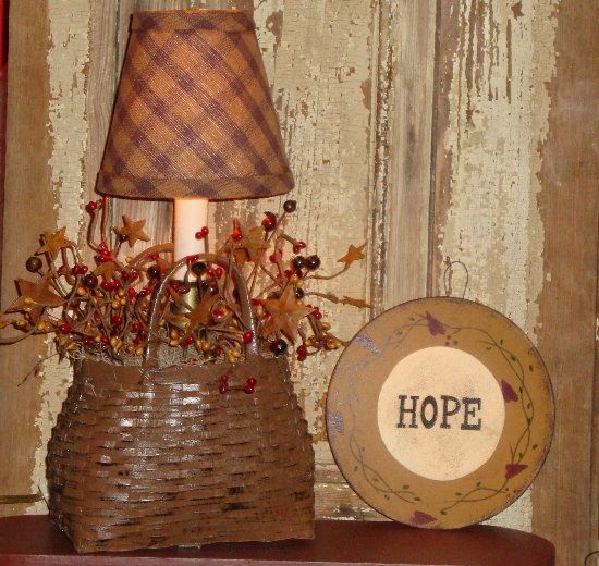 Country Primitive Basket Lamp with Berries and Lamp Shade