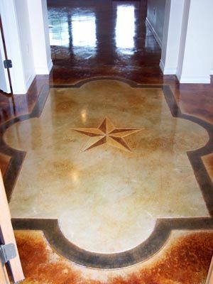 Custom concrete floor design – scalloped border with Texas Star. Concrete floori