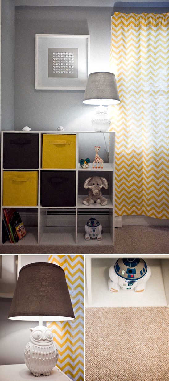 heart art on wall, owl lamp. Love this grey and yellow nursery.