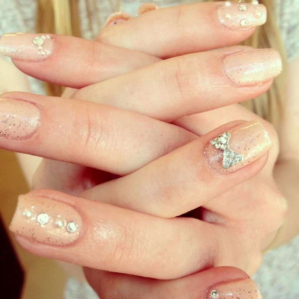 Nude Diamante and Pearl Nails